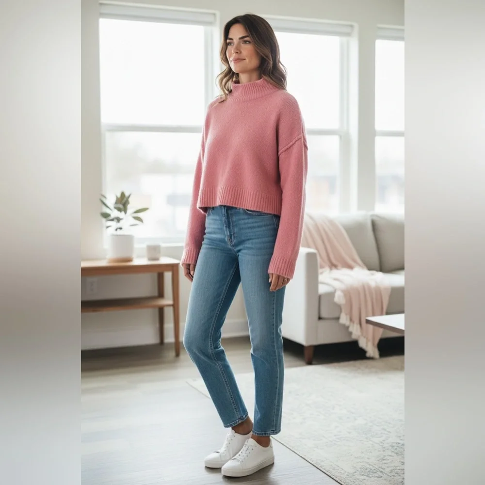 Zara Women’s Pink Mock Turtle Neck Cropped Oversized Sweater! Small! - Picture 7 of 7